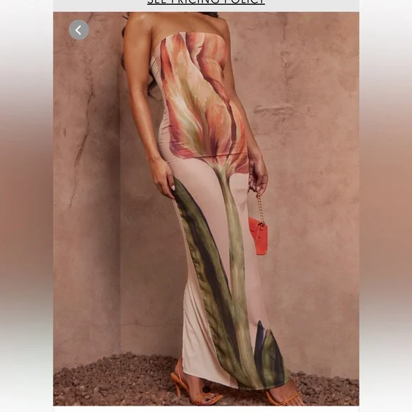 PrettyLittleThing viral dress - tulip flower maxi dress, strapless column dress - Picture 2 of 9